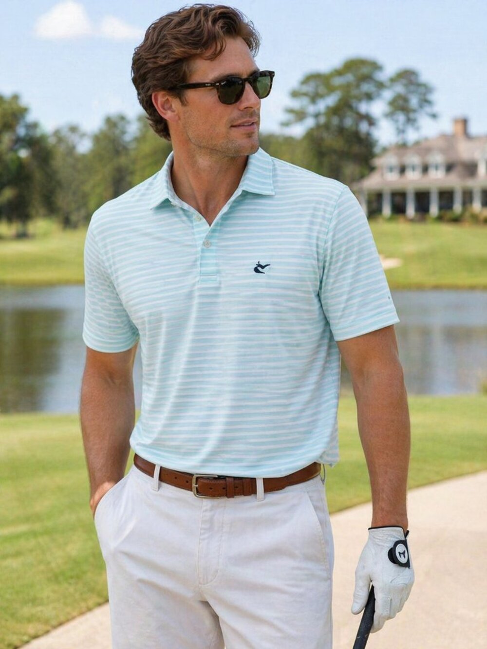 Peter Millar Crown Sport Performance Polo XL Blue Green Stripe Golf Shirt